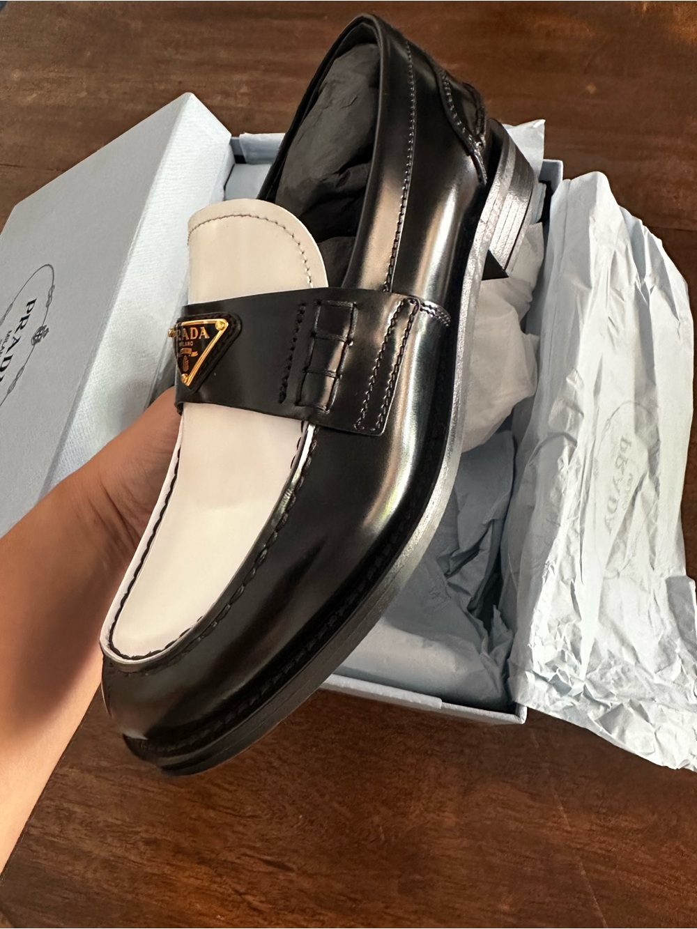 Prada Black and White Leather Penny Loafers with Gold Logo - Picture 6 of 14